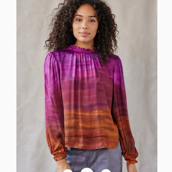 Bella Dahl Medium Purple Brown Ombre Ruffle Satin Long Sleeve Top Feminine - Picture 1 of 11